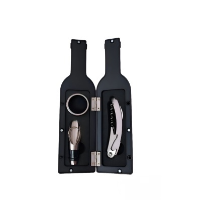 Conjunto acessorios para vinho com suporte preto em forma de garrafa