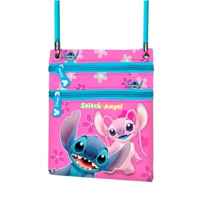 Bolsa pequena rosa com estampado Stitch e Angel e fechos azuis