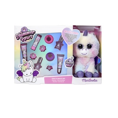 Caixa de conjunto de brinquedo com peluche unicórnio e produtos de beleza roxos