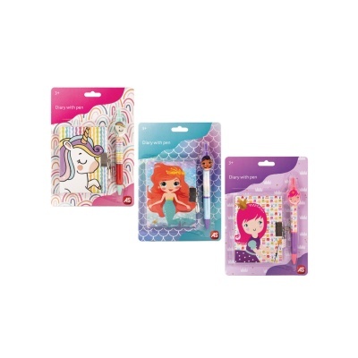 Três conjuntos de diários infantis com canetas, cadernos com capas coloridas de unicórnio, sereia e menina, embalados à venda