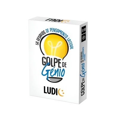 Embalagem branca do jogo 'Golpe de Génio' com lâmpada amarela e texto em azul e preto