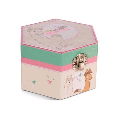 Caixa hexagonal decorativa com fecho e ilustração de lhamas