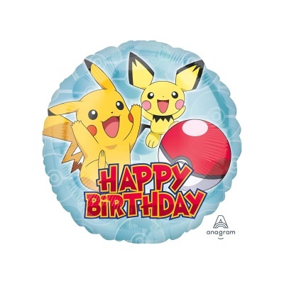 Balão foil azul claro com Pikachu, Pichu, pokébola e texto feliz aniversário