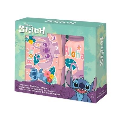 Conjunto de almoço Disney Stitch com caixa, garrafa e sacola com design tropical e personagem Stitch.