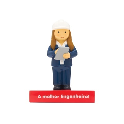 Figura decorativa de engenheira com base vermelha e texto