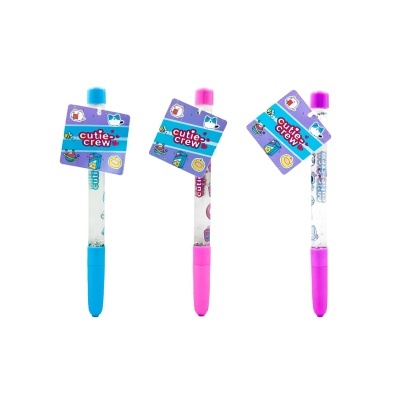 Três canetas de tinta gel coloridas com etiquetas de papel azul e desenhos de animais.