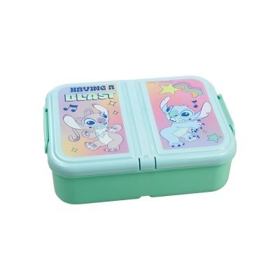 Marmita verde com tampa branca e personagens de desenhos animados com texto invertido