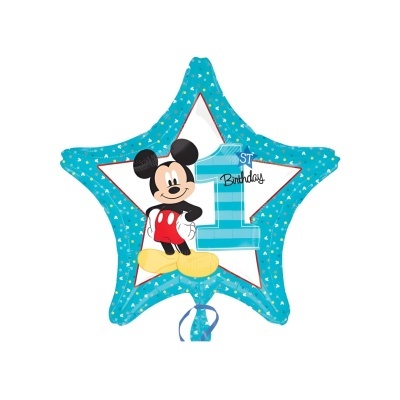 Balão estrela azul com Mickey Mouse e texto 'ST Birthday'