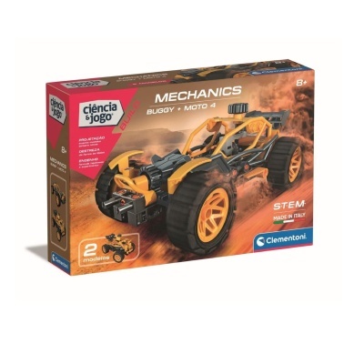 caixa de conjunto de montagem de buggy amarelo e preto para crianças, com texto e marcas visíveis