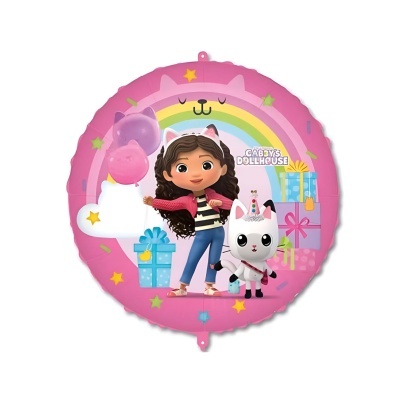 Balão rosa com figura de rapariga e gato branco de festa, com presentes coloridos