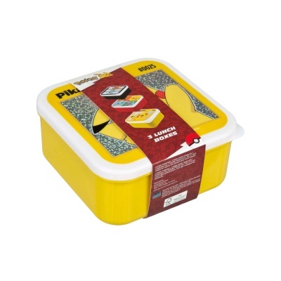 Caixa de almoço amarela com tampa branca e imagem do Pikachu