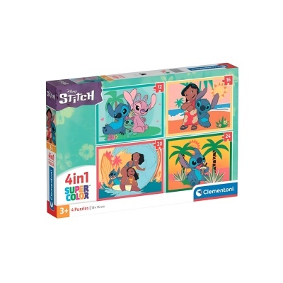 Caixa de puzzles Disney Stitch 4 em 1 com 12, 16, 20 e 24 peças
