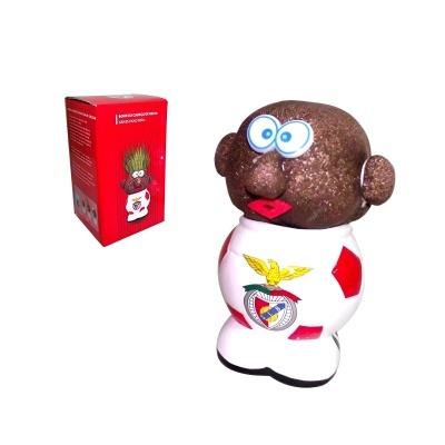 Boneco de futebol do Benfica com cabeça castanha e olhos azuis próximo de caixa vermelha.