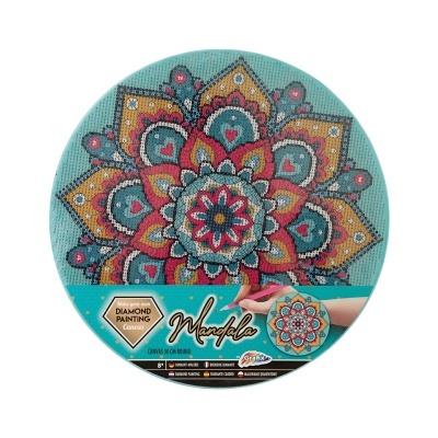 Conjunto pintura diamante mandala redondo azul com padrão floral colorido