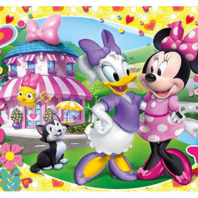 Puzzle infantil colorido com personagens Minnie e Margarida em frente a uma casinha rosa