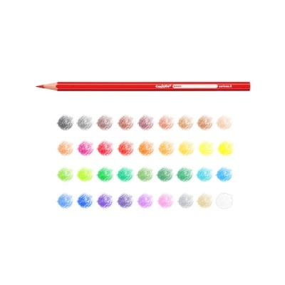 Lápis de cor vermelhos com amostras de várias cores desenhadas num papel branco