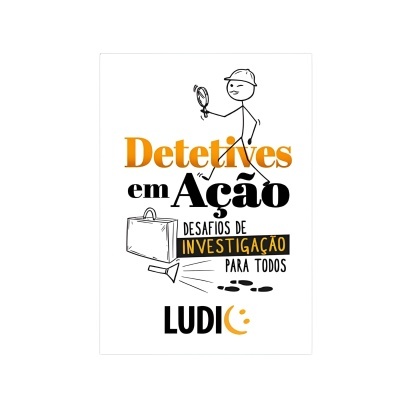 Capa de livro Detetives em Ação com texto e desenho de detetive a segurar lupa