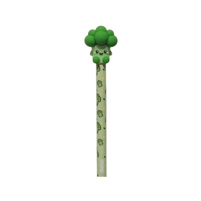 Caneta verde com topo em forma de brócolos sorridentes