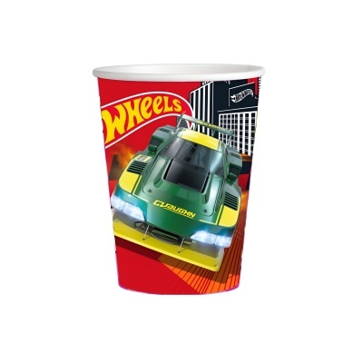 Copo descartável Hot Wheels com imagem de carro desportivo verde e amarelo