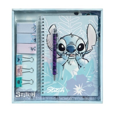 Kit de papelaria Stitch com caderno, caneta, clips e notas adesivas