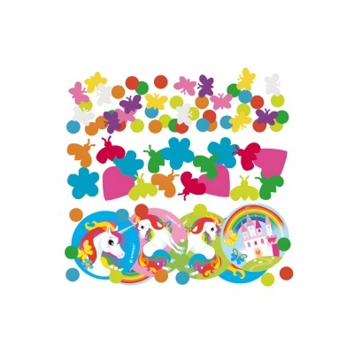 Autocolantes coloridos de unicórnios, castelo, flores e pontos sobre fundo branco