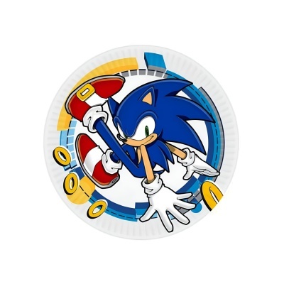 Prato de papel redondo com desenho do Sonic the Hedgehog.