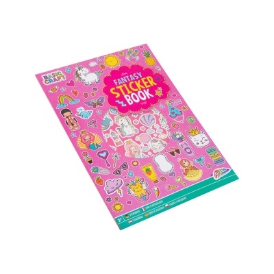 Capa de livro de autocolantes 'Fantasy Sticker Book' com desenhos coloridos numa base rosa.