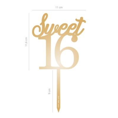 Topo de bolo dourado Sweet 16 com medidas visíveis
