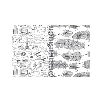 Caderno aberto com desenhos de cidade e moda numa página e padrão de penas na outra