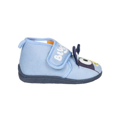 Pantufa infantil azul claro com fecho de velcro e decoração de rosto