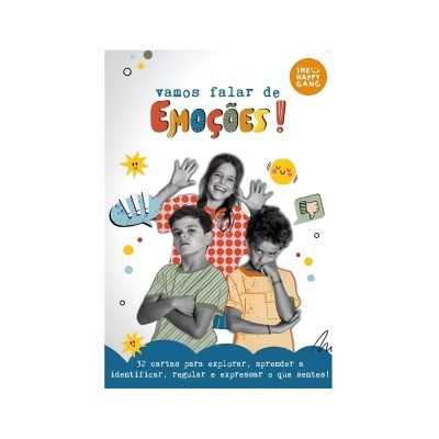 Conjunto de cartas educativas sobre emoções com crianças e texto explicativo