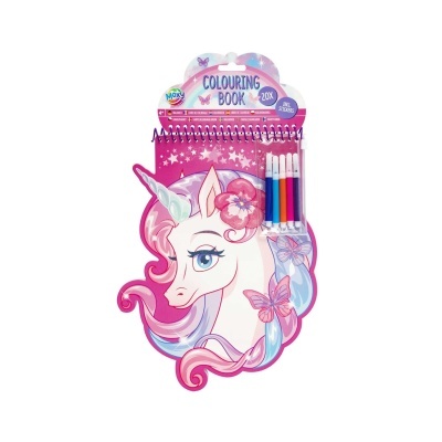 Livro de colorir em forma de unicórnio com marcadores coloridos