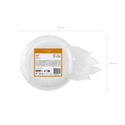 Prato de papel branco em formato de fogo com etiqueta e medidas