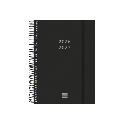 Caderno ou agenda preta com espiral e números 2026 2027