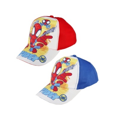 Dois bonés infantis Homem-Aranha, com cores vermelha e azul, estampa do personagem e texto MARVEL