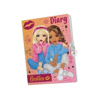 Diário rosa e laranja com ilustração de duas raparigas e cadeado de coração prateado