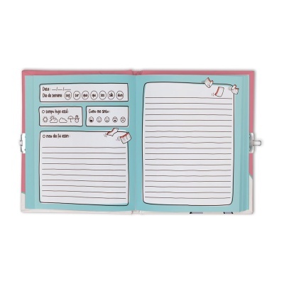 Caderno aberto com páginas azuis e rosa, linhas para escrita e ícones decorativos