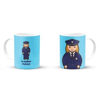 Duas canecas com desenho de polícia mulher e texto A melhor Polícia!