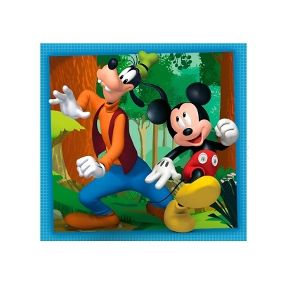 Ilustração colorida de Mickey Mouse e Pateta em floresta com moldura azul