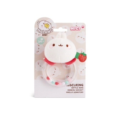 Anel mordedor para bebé com ursinho branco e estrutura circular transparente com pérolas coloridas