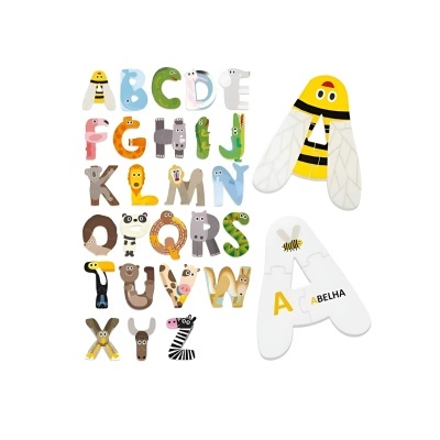Letras do alfabeto decoradas com animais e uma letra A grande com abelha e texto ABELHA