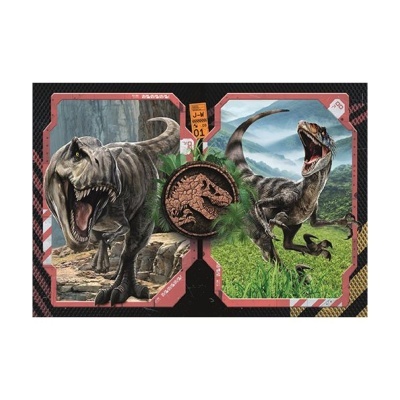 Imagem de dois dinossauros com logotipo de Jurassic Park no centro