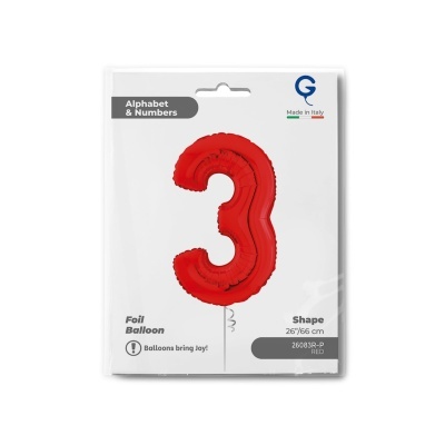Balão de número 3 vermelho em embalagem branca com texto