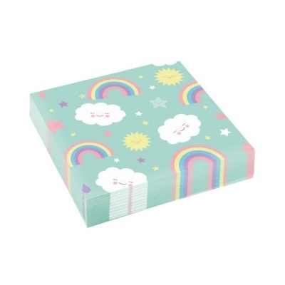 Papel de parede infantil verde-água com nuvens, arcos-íris e estrelas sorridentes.