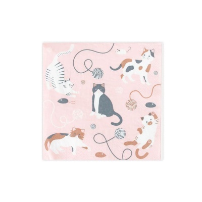 Guardanapo de papel cor-de-rosa com gato, bolas de lã e ratinhos desenhados.