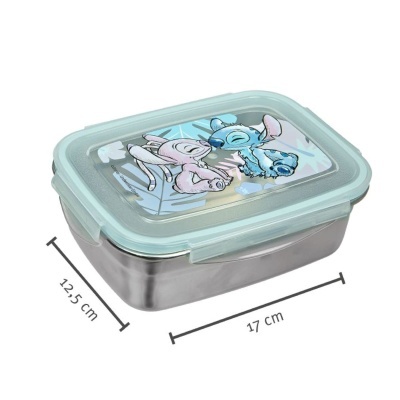 Marmita retangular metálica com tampa azul e personagens desenhados.
