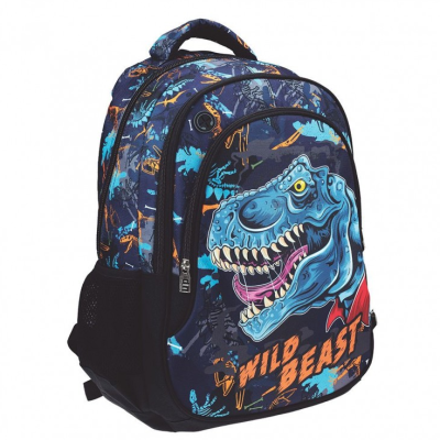 Mochila azul com estampa de dinossauro e texto WILD BEAST