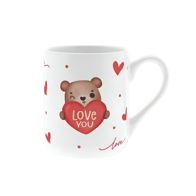 Caneca branca com desenho de ursinho a segurar coração vermelho com a frase LOVE YOU