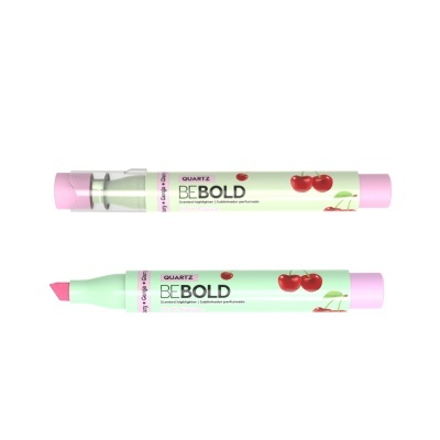 Marcador BE BOLD com tampa rosa e corpo verde claro com cerejas vermelhas