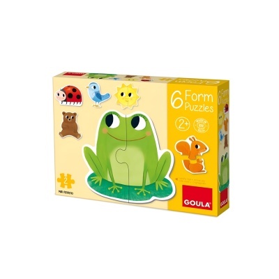 Caixa amarela de quebra-cabeças de madeira com imagem de um sapo e outros animais coloridos